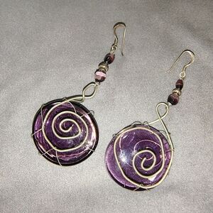 Handmade Wire Swirl & Glass Earrings In Purlple